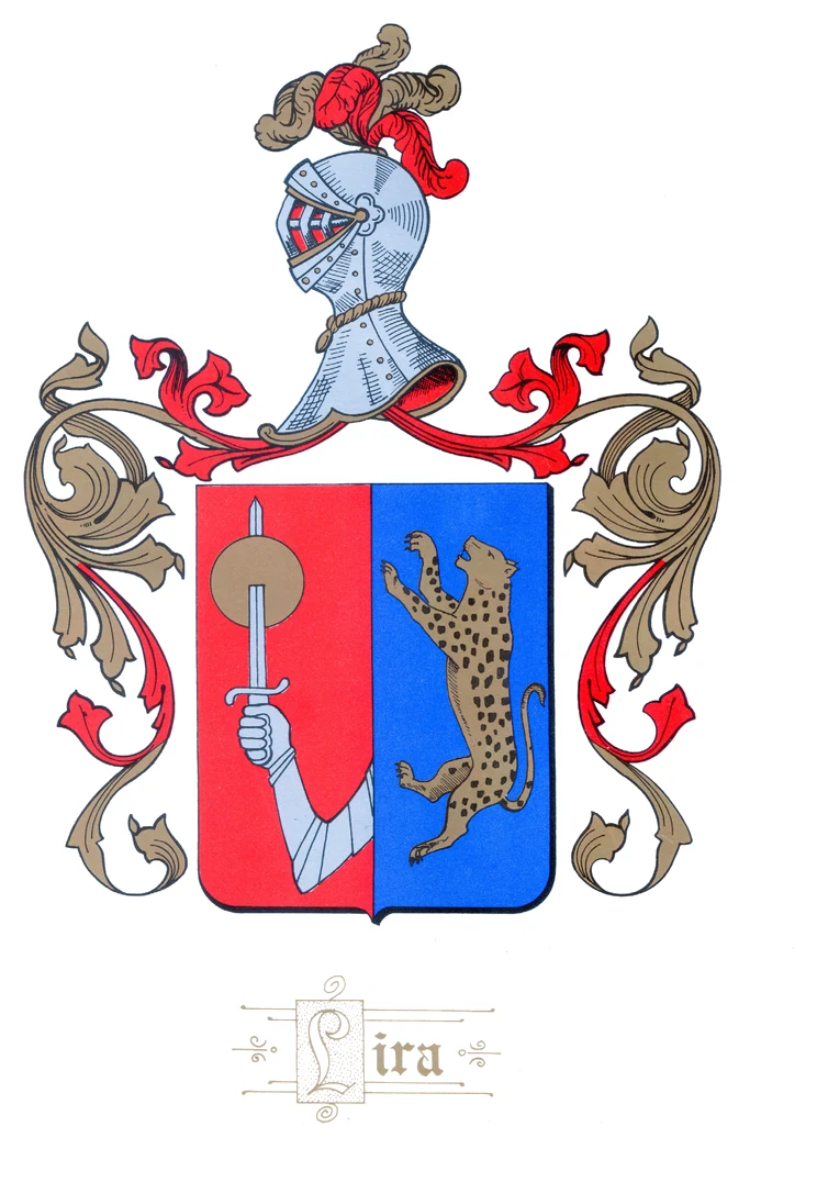 Escudo de armas de la familia Lira: yelmo con penacho sobre un campo partido en rojo y azul, con un brazo armado de espada y un leopardo rampante